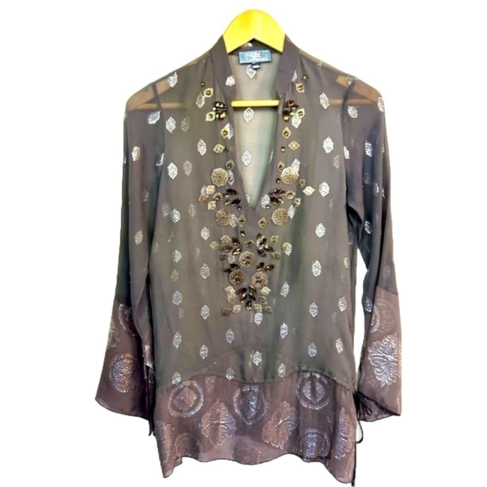 Hale Bob silk beaded crystals top grey